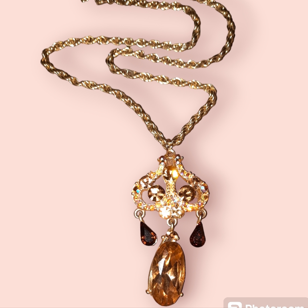 Smoky Champagne Crystal stone pendant upcycled on twisted goldtone chain
